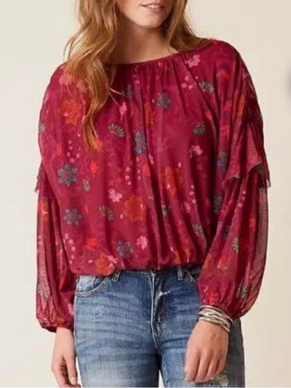 Free People Burgundy Floral Peasant Blouse